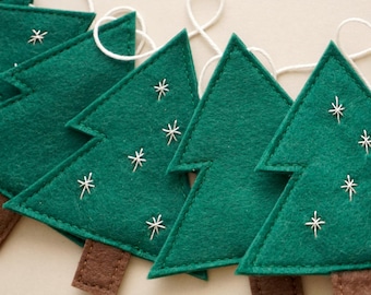 Christmas tree garland, pine tree garland, Christmas bunting, Christmas felt garland, monochrome garland, mantel garland, SILVER embroidery