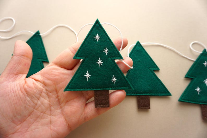 Christmas tree garland, pine tree garland, Christmas bunting, Christmas felt garland, winter garland, felt mantel garland, WHITE embroidery image 2