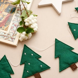 May include: A green felt Christmas tree garland with white felt stars, brown felt trunks, and white string. The garland is hanging on a light pink surface. The text "TRIOFELT handmade felt crafts" is visible in the bottom right corner of the image.