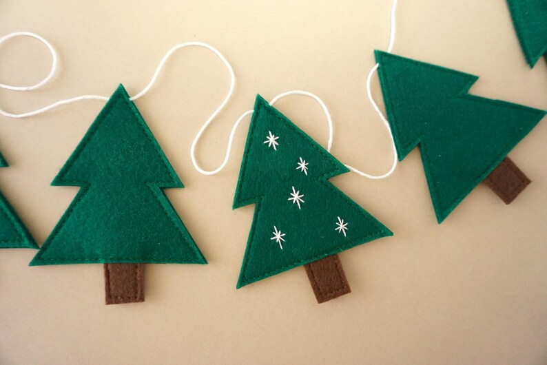 Christmas tree garland, pine tree garland, Christmas bunting, Christmas felt garland, winter garland, felt mantel garland, WHITE embroidery image 10
