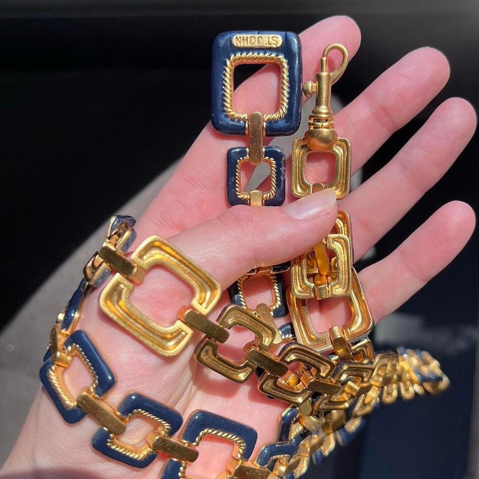 RARE St. John Chain Belt | Sky Blue Knit Gold Statement Designer Vintage St. John Gold Star Draped Chain Belt – Recess main image 4