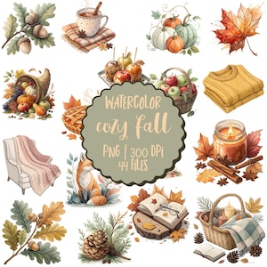 Watercolor Cozy Autumn Clipart Fall Clipart Bundle Cozy Fall PNG Watercolor Pumpkins Autumn Decor Clipart Autumn Sublimation