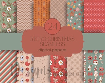 Naadloos retro kerstpapier: groovy vakantiepatronen (digitale download)