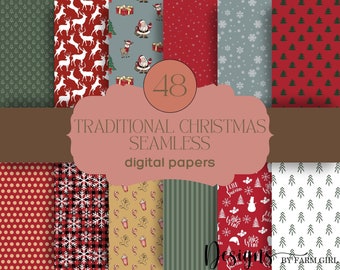Traditional Christmas Digital Papers: Festive Scrapbook Backgrounds (Digital Download)