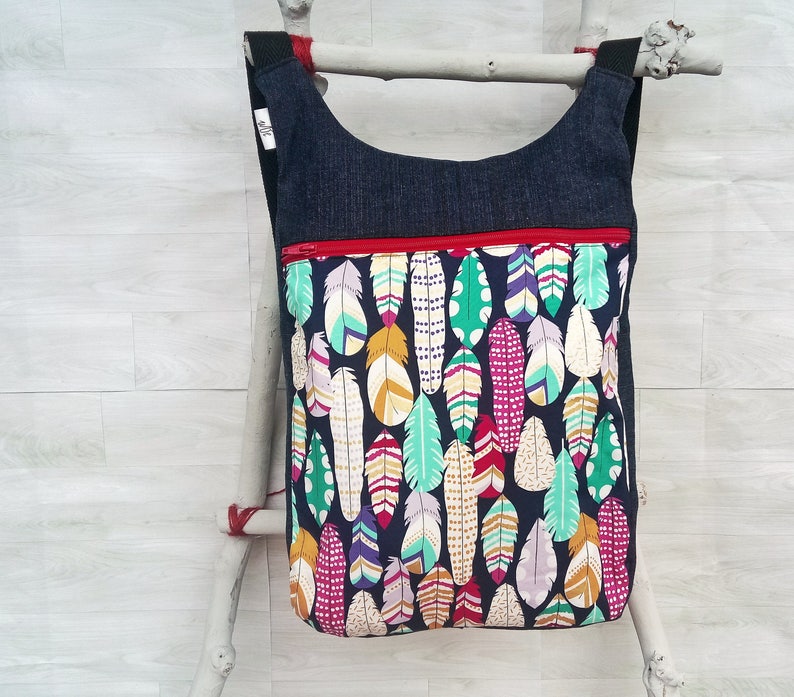 Feathers backpack: Womens backpack purse School backpack Feathers Fashion backpack Backpack diaper bag Denim backpack Ergonomic