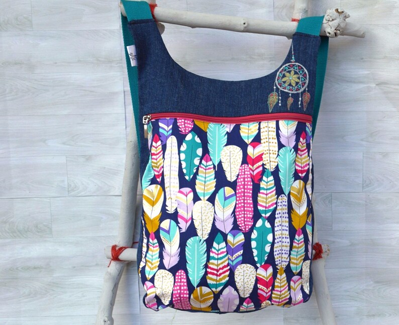 Feathers backpack: Womens backpack purse School backpack Feathers Fashion backpack Backpack diaper bag Denim backpack Ergonomic