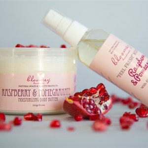 Skin nourishing body butter & body oil with raspberry & pomegranate scent