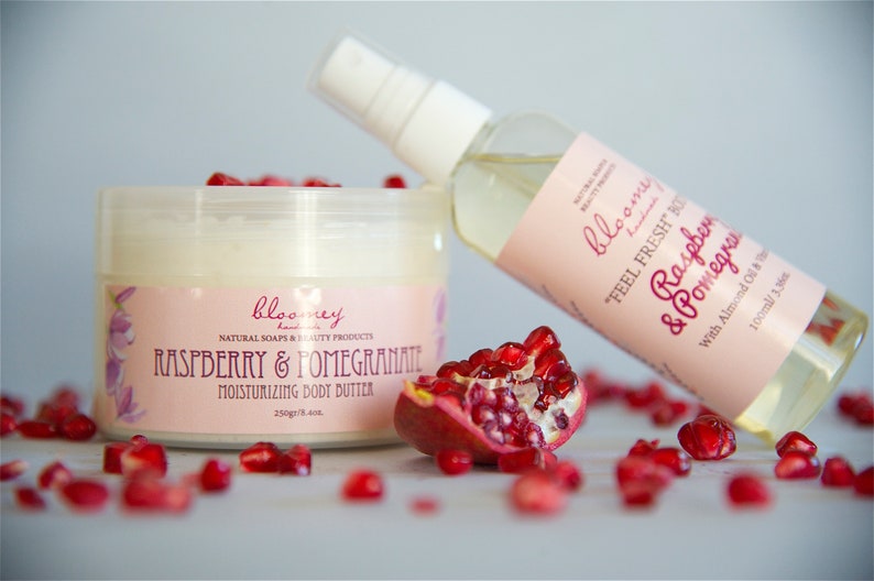 Skin nourishing body butter & body oil with raspberry & pomegranate scent