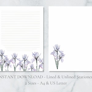Papeterie imprimable Iris Floral aquarelle fleurs de printemps Papeterie florale lettre papier à lettres A4 US Letter Téléchargement instantané Woodland