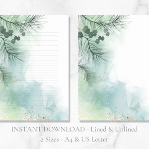 Papelaria para impressão de folhas em aquarela, papel de carta botânico para escrita, papel de carta verde festivo, tamanho A4, download instantâneo