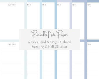 Blue Pastel Printable Writing Paper- Stationary Paper Set- Note Paper- Letter Half Letter- Lined & Plain- Instant Download PDF Stationery