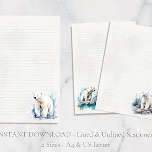 Papelaria para impressão de urso polar, papel de carta festivo, papel de carta de animal de inverno, papel de carta A4 dos EUA para download instantâneo, natureza