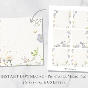 Bloco de notas para impressão de flores silvestres, conjunto de notas florais, aquarela, papel para notas botânicas, impressão Post-it, carta A4, download instantâneo