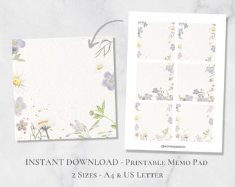 Wild Flowers Printable Memo Pad Floral Memo Set Watercolor Botanical Note Paper Printable Post It A4 US Letter Instant Download