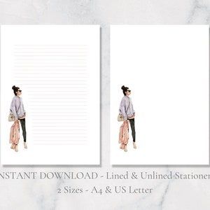 Woman Printable Stationery Fashion Model Stationary Lilac Writing Paper Pose Letter Writing Paper Girl A4 US Letter Instant Download