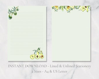Avocado Printable Stationery Paper Fruit Writing Paper Vegetable Letter Writing Paper A4 US Letter Instant Download Paper for School