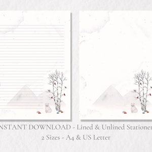 Papelaria para impressão de bétulas e raposas e cardeais, papel de inverno para escrever neve, papel de carta, papel de carta A4, download instantâneo