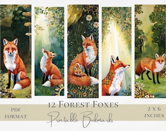 Set di segnalibri stampabili "Forest Foxes" con volpe acquerello del bosco, download digitale istantaneo, lettera decorativa USA, regalo per amanti dei libri, animale stravagante