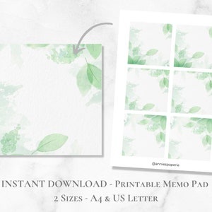 Bloc de notas imprimible con hojas verdes de acuarela, juego de notas botánicas, papel adhesivo imprimible, tamaño A4, tamaño carta, descarga instantánea.