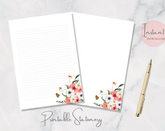 Vintage Bouquet Butterfly Printable Stationery Floral Stationary Flowers Paper Nature Letter Writing Paper A4 US Letter Instant Download