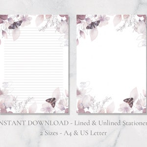 Papel de carta floral para impressão de traças, papel de carta com folhas, papel de carta para animais selvagens, download instantâneo, natureza, botânica