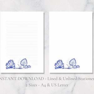 Papier à lettres imprimable Arbres bleus, Chine néerlandaise, papeterie paysage, papier à lettres bleu, A4 US Letter, téléchargement immédiat