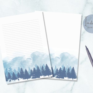 Watercolor Pine Trees Printable Stationery Deer Stationary Landscape ...