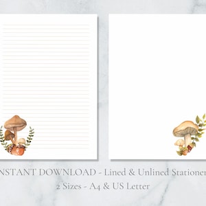 Papelería imprimible de hongos, papel de escritura de bosque, bellota, otoño, papel A4, carta estadounidense, rayado y liso, descarga instantánea en PDF.