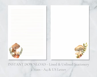 Mushrooms Printable Stationery Woodland Writing Paper Acorn Fall Autumn Paper A4 US Letter Lined & Plain Instant Download PDF Stationery