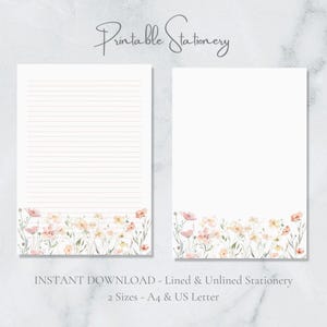 Papelería imprimible con delicado jardín de flores, acuarela floral, botánico, tamaño A4, carta estadounidense, descarga instantánea, flores silvestres de verano.