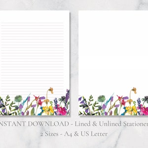 Papelaria para impressão de flores silvestres, papelaria floral, papel botânico, papel para escrever cartas, papel A4, carta dos EUA, download instantâneo, natureza