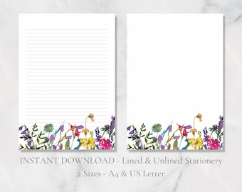 Wilde bloemen afdrukbaar briefpapier Bloemen stationair Botanisch briefpapier Brief schrijfpapier A4 US Letter Instant Download Nature