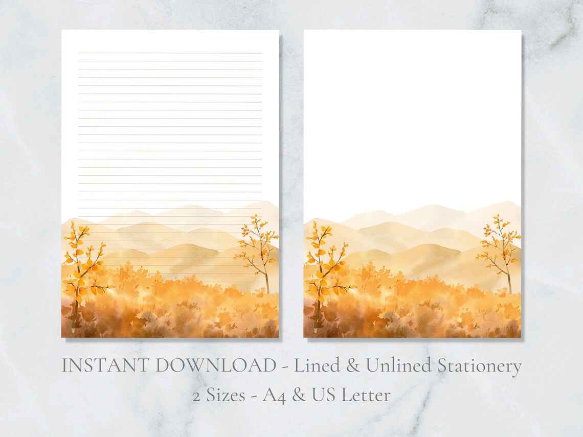 Autumn Landscape Printable Stationery Fall Tree Letter Paper Mountains ...