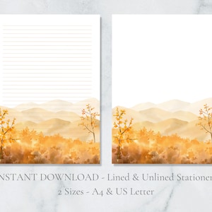 Papelería imprimible con paisaje otoñal, árbol de otoño, papel de carta, montañas, tamaño A4, carta de EE. UU., rayado, liso, descarga instantánea en PDF, papelería de Acción de Gracias