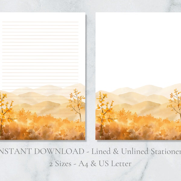 Autumn Landscape Printable Stationery Fall Tree Letter Paper Mountains A4 US Letter Lined Plain Instant Download PDF Stationery Thanksgiving