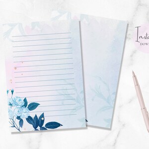 Papel de carta A5 para impressão de inverno, papel de carta azul e rosa, papel de carta botânico com letras rosas, download instantâneo