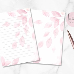 Papelería imprimible con hojas rosas de acuarela, tamaño A5, para escribir cartas, descarga instantánea.