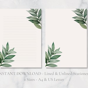 Papelaria para impressão de folhas verdes Papel de carta botânico com folhas verdes Papel de carta para plantas A4 Carta EUA Download instantâneo