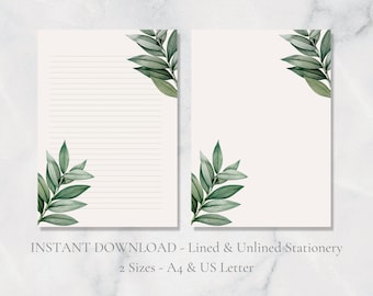 Green Leaf Printable Stationery Green Leaves Stationary Botanical Writing Paper Plant Writing Paper A4 US Letter Instant Download