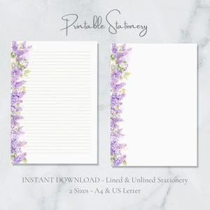 Papelería imprimible con diseño de lilas, acuarela, botánico, tamaño A4, carta de EE. UU., descarga instantánea, flores de verano, página de diario floral morado