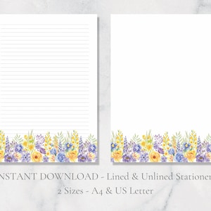 Papelería imprimible con flores de verano, papelería floral, papel de escritura natural, papel de escritura de primavera, papel de escritura A4, carta estadounidense, descarga instantánea