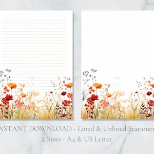 Papelería imprimible de prado de otoño Papelería de otoño Papelería floral Papelería A4 y carta de EE. UU. Rayada y lisa Descarga instantánea PDF Papelería Flores