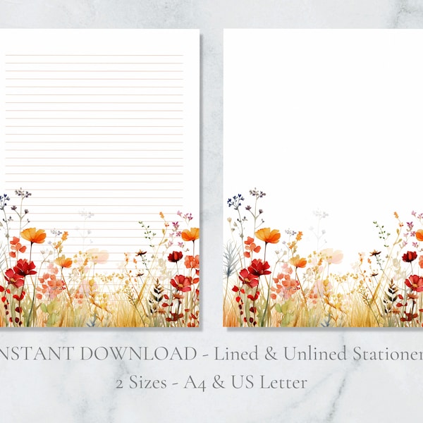Fall Meadow Printable Stationery Autumn Stationery Floral Stationery A4 and US Letter Lined & Plain Instant Download PDF Stationery Flowers