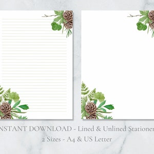 Papeterie imprimable Pommes de pin aquarelle festive stationnaire botanique lettre hiver papier à lettres A4 US lettre téléchargement immédiat Woodland