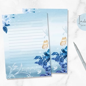 Papelería imprimible de media carta tamaño A5 de EE. UU. con diseño de rosa de invierno, papelería azul, papel botánico para escribir, papel para escribir con rosas, descarga instantánea