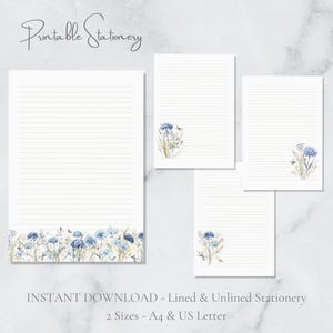 Papel de carta floral azul para impressão, borboleta, papel de carta A4, download instantâneo, primavera, verão, prado, botânico, caneta, palhinha