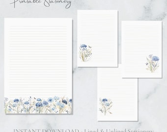 Pode incluir: Conjunto de papelaria imprimível com papel pautado e sem pauta. O papel tem um design floral com flores azuis e brancas. O texto "Printable Stationery" está no topo. O texto "INSTANT DOWNLOAD - Lined & Unlined Stationery" está na parte inferior.