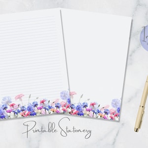Papelaria para impressão em aquarela de centáureas Papelaria para flores Papel de carta botânico Papel de carta A4 Carta dos EUA Download instantâneo