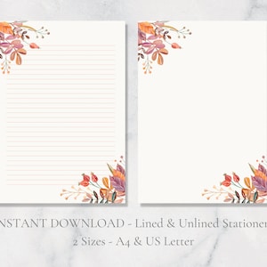 Herbst Blatt Ecken Printable Briefpapier A4 und US Letter Lined & Plain Instant Download PDF Schreibwaren