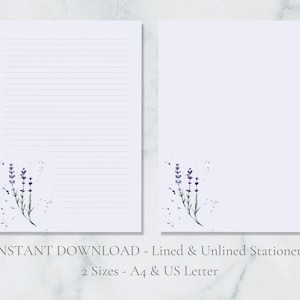 Papelaria para impressão com raminho de lavanda, papelaria com flor roxa, papel de carta botânico, papel floral A4, download instantâneo